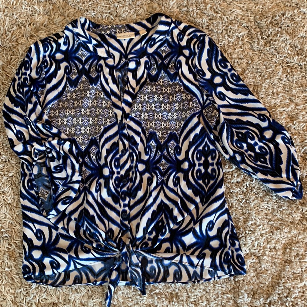 Eva Mendes Blue White Long Sleeve Print Blouse